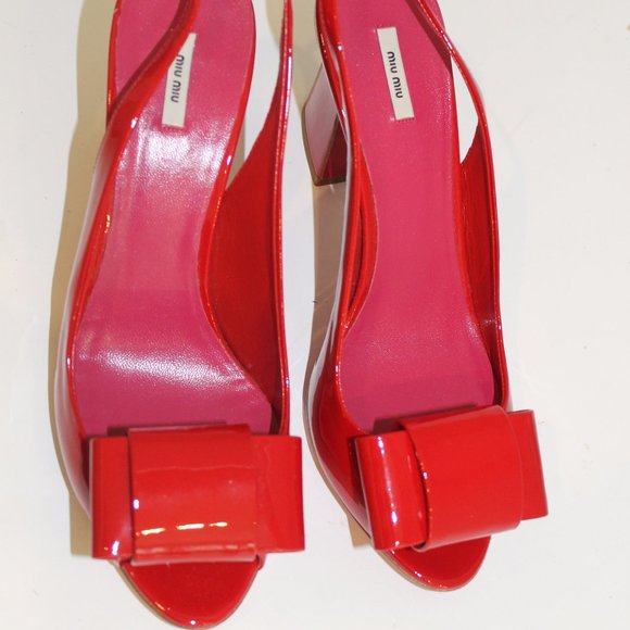 NEW MIU MIU RED BOW PATENT LEATHER SLINGBACK SANDALS HEELS 38.5 REDUCED PRICE - Picture 7 of 9